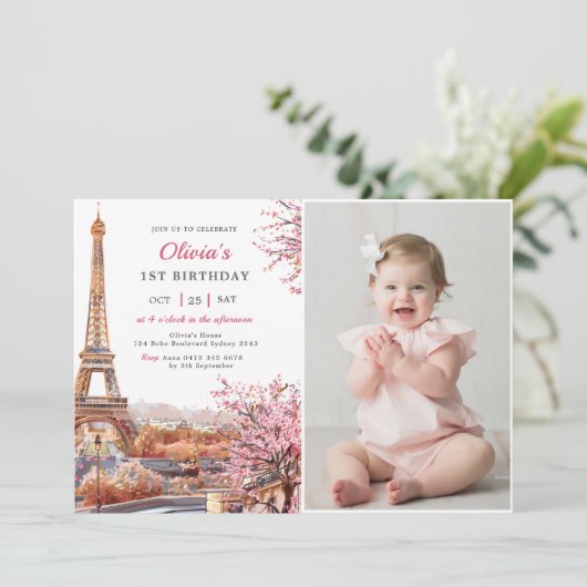 Invitation Girl Eiffel Tower Paris 1er Anniversaire Photo (Debout devant)