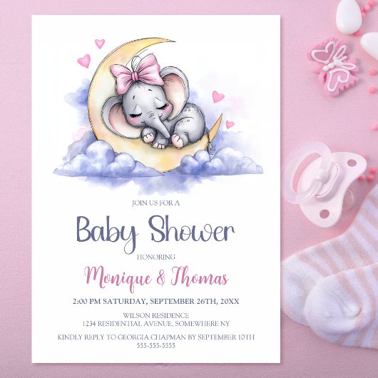 Invitation Girl Elephant Moon Baby Shower