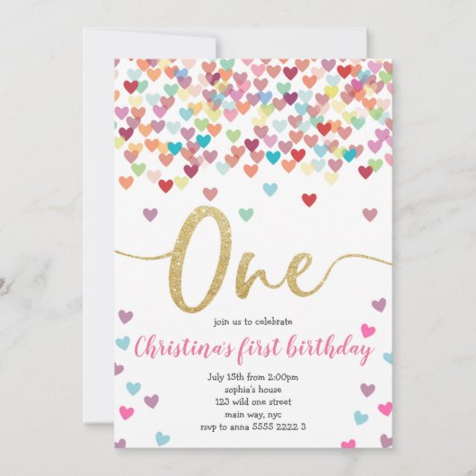 Invitation Girl First Birthday Hearts Rainbow Shower Parties (Devant)