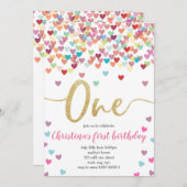 Invitation Girl First Birthday Hearts Rainbow Shower Parties (Devant / Derrière)