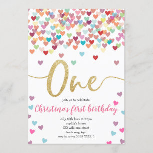 Invitation Girl First Birthday Hearts Rainbow Shower Parties 