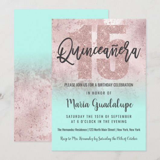 Invitation Girl Grunge Rose Gold Mint Parties scintillant Qui (Devant / Derrière)