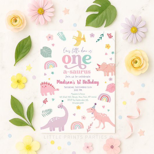 Invitation Girl Pink Dinosaur 1er anniversaire