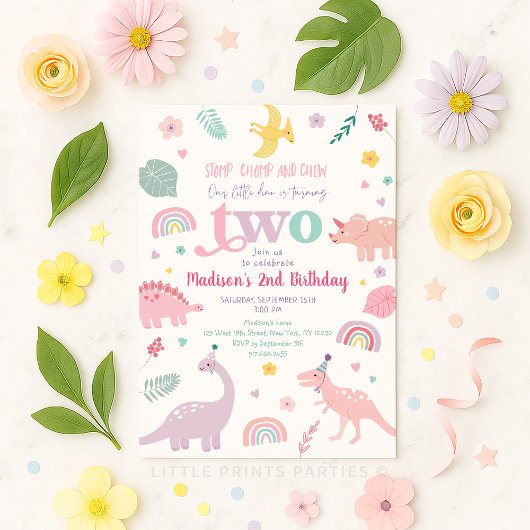 Invitation Girl Pink Dinosaur 2e anniversaire