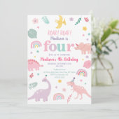 Invitation Girl Pink Dinosaur 4e anniversaire (Debout devant)