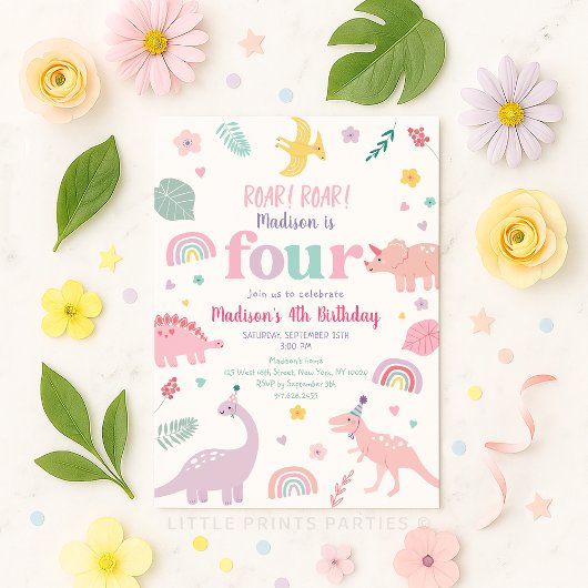 Invitation Girl Pink Dinosaur 4e anniversaire