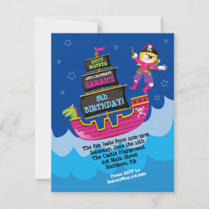 Invitation Girl Pirate Dragon Ship Anniversaire Fête Invitati
