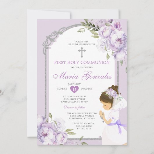 Invitation Girl Praying First Holy Communion Purple Floral (Devant)