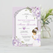 Invitation Girl Praying First Holy Communion Purple Floral (Debout devant)