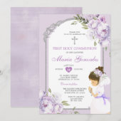 Invitation Girl Praying First Holy Communion Purple Floral (Devant / Derrière)