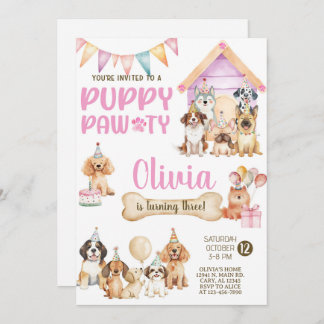 Invitation Girl puppy / dogs birthday party invitation.