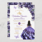 Invitation Girl Purple Dress Quinceañera 15 Anos Flowers Gold (Devant / Derrière)