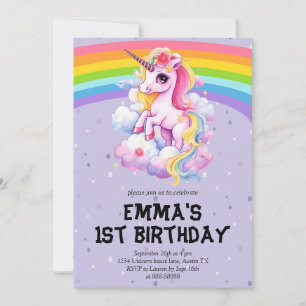 Invitation Girl Purple Rainbow Unicorn Girly 1er anniversaire