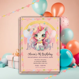 Invitation Girl Rainbow Pastel Pink Kawaii Unicorn Anniversai