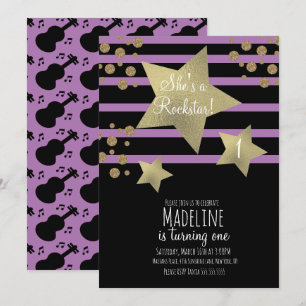 Invitation Girl Rockstar Guitar Faux Gold Star Anniversaire