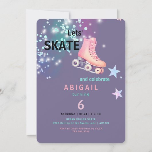 Invitation  Girl Roller Skating Purple Neon Birthday Party (Devant)