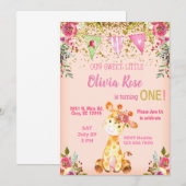 Invitation Girl rose girafe 1er anniversaire invitation. (Devant / Derrière)