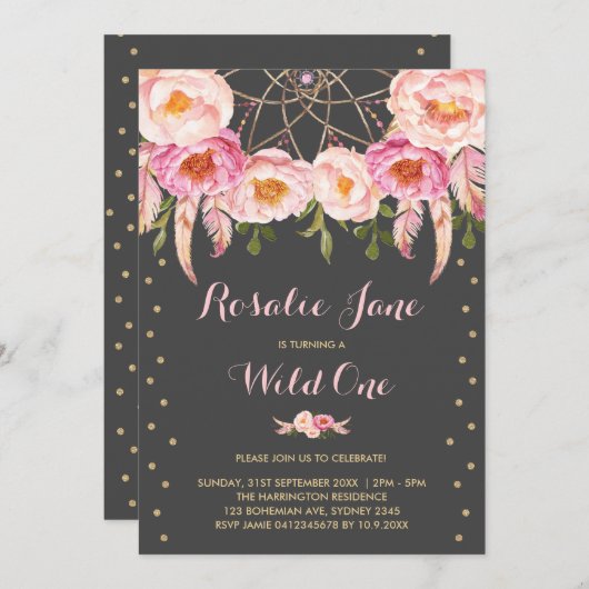 Invitation Girl Rose Gold Dreamcatcher Wild One 1er anniversa (Devant / Derrière)