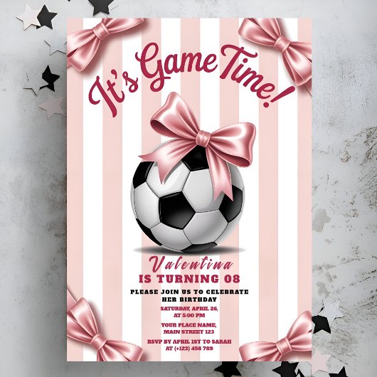 Invitation Girl Soccer Game Time Pink Bow Birthday