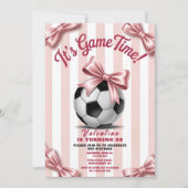 Invitation Girl Soccer Game Time Pink Bow Birthday (Devant)