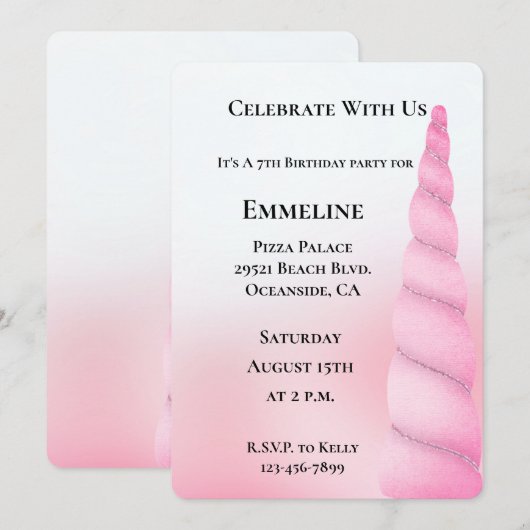 Invitation Girl Sweet Rose blanc licorne Anniversaire (Devant / Derrière)