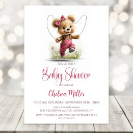 Invitation Girl Teddy Bear Playing Jump Rope Baby Shower