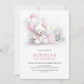 Invitation Girl Teddy Bear with Balloons 1st Birthday (Devant)