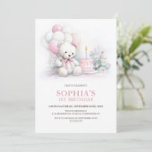 Invitation Girl Teddy Bear with Balloons 1st Birthday (Debout devant)