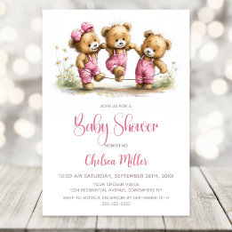 Invitation Girl Teddy Bears in Pink Overalls Baby Shower