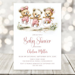 Invitation Girl Teddy Bears Wearing Pink Polka Dot Overalls