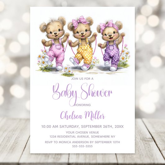 Invitation Girl Teddy Bears Wearing Polka Dot Overalls