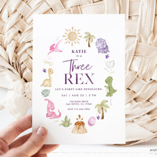 Invitation Girl Three Rex Dinosaur 3ème anniversaire Invitati