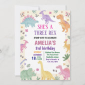Invitation Girl Three Rex Dinosaur 3rd Birthday (Devant)