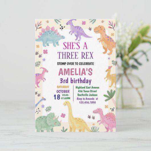 Invitation Girl Three Rex Dinosaur 3rd Birthday (Debout devant)