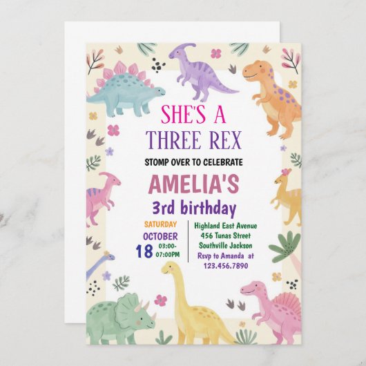 Invitation Girl Three Rex Dinosaur 3rd Birthday (Devant / Derrière)