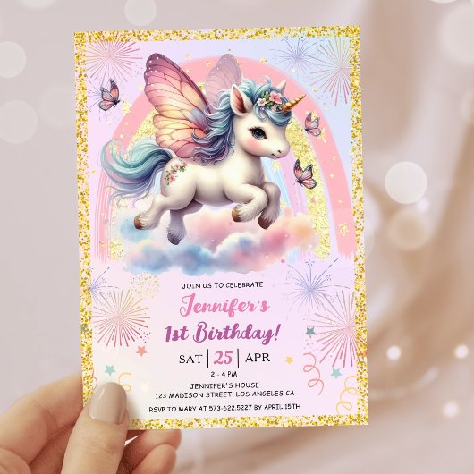 Invitation Girl Unicorn Gold Parties scintillant rose 1er ann