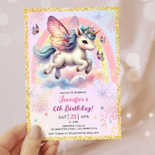 Invitation Girl Unicorn Gold Parties scintillant rose 6e fête
