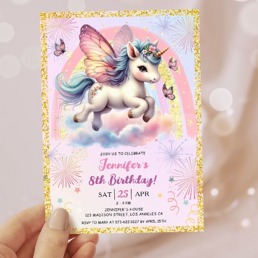 Invitation Girl Unicorn Gold Parties scintillant rose 8e anni
