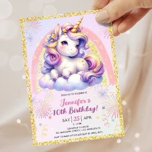 Invitation Girl Unicorn Purple Pink Gold 10e fête d'anniversa