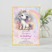 Invitation Girl Unicorn rose or Parties scintillant 1er anniv (Debout devant)