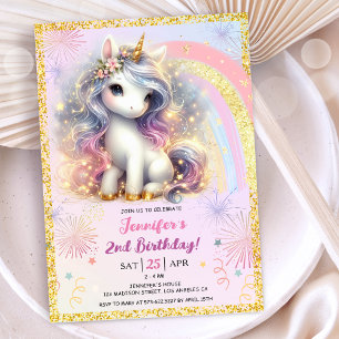 Invitation Girl Unicorn rose or Parties scintillant 2e fête d