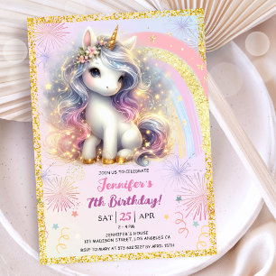 Invitation Girl Unicorn rose or Parties scintillant 7e fête d
