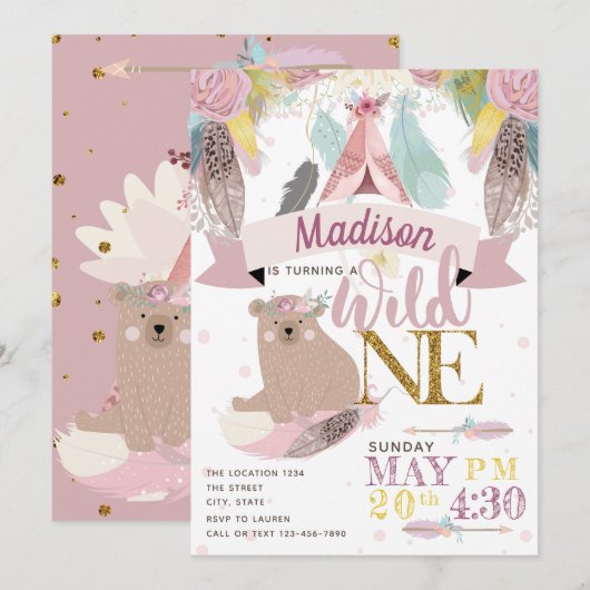 Invitation Girl Wild One Boho premier anniversaire (Devant / Derrière)