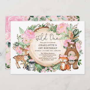 Invitation Girl Wild One Pink Floral Woodland 1er anniversair
