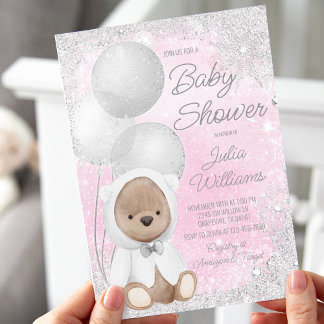 Invitation Girl Winter Wonderland Teddy Bear Baby shower