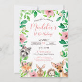 Invitation Girl Woodland 1er Anniversaire Animaux (Devant)