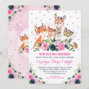 Invitation Girl Woodland Animaux Marine Baby shower rose flor