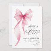 Invitation Girls 1st birthday pink bow coquette  (Devant)