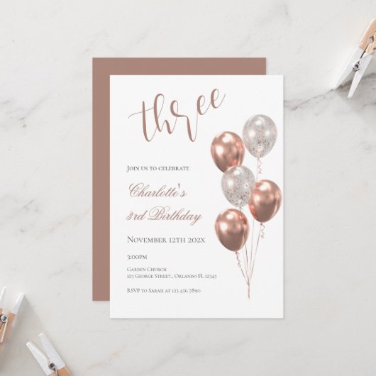 Invitation Girl's 3rd birthday, with beige balloons (Devant/Arrière en situation)