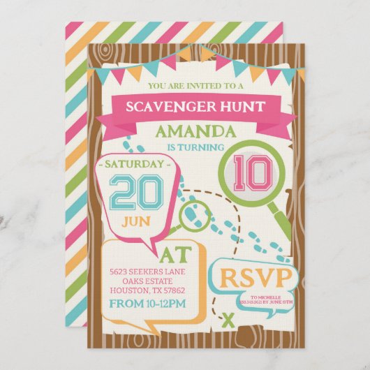 Invitation Girls Birthday Party Scavenger Hunt Birthday Party (Devant / Derrière)